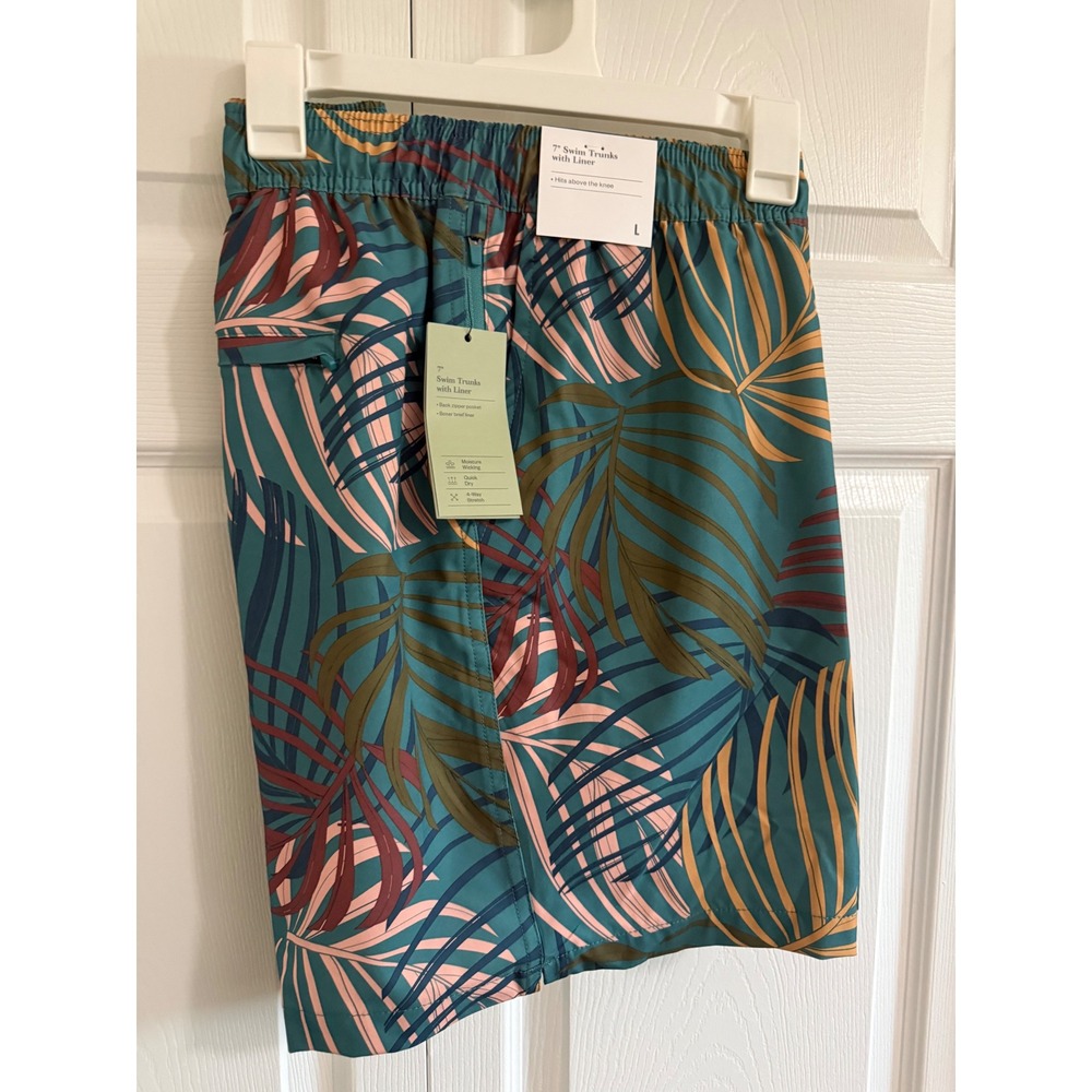 All in Motion Mens 7" Swim Trunks Teal Palm Tropical Liner Shorts Large New